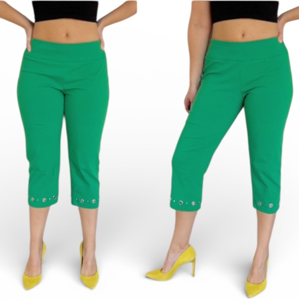 Zac & Rachel bright green cropped metallic grommet stud trim capri pants size 6
